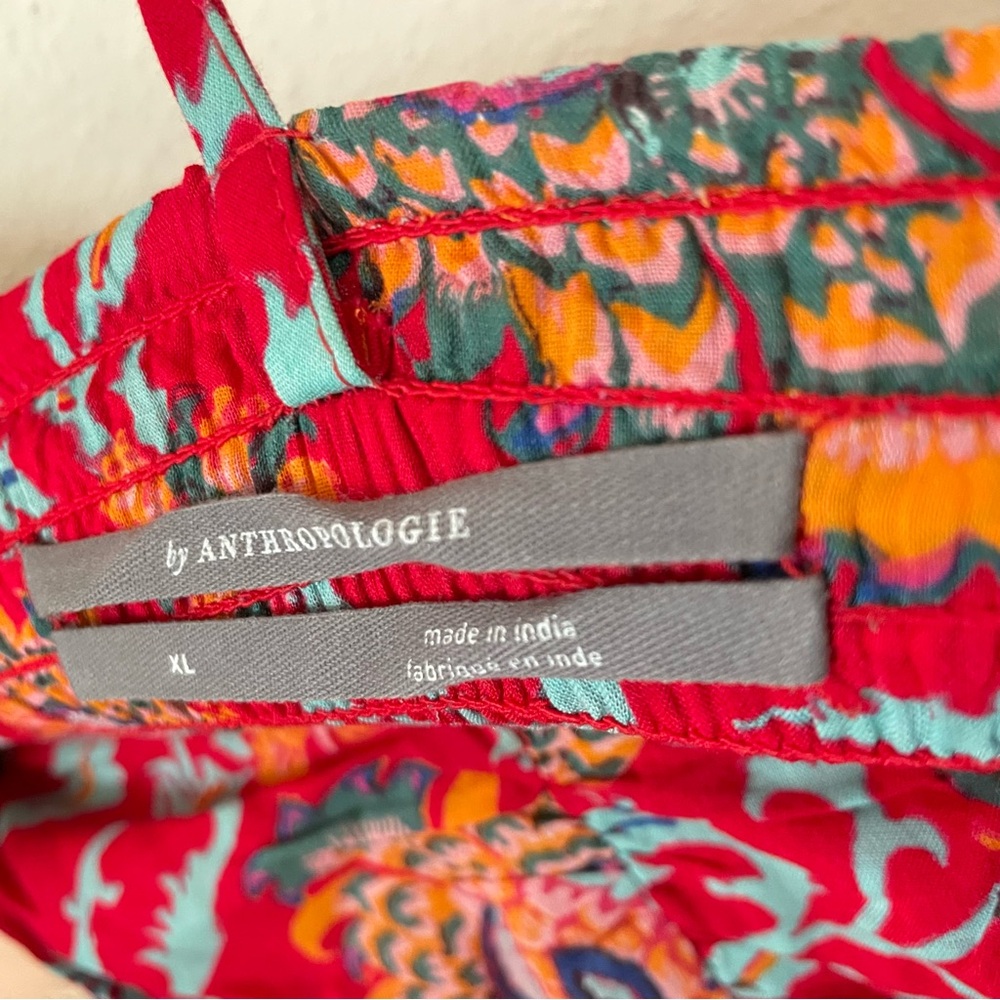 Anthropologie Red Floral Printed Spaghetti-Strap Jumpsuit with Aqua Trim - Picture 4 of 7